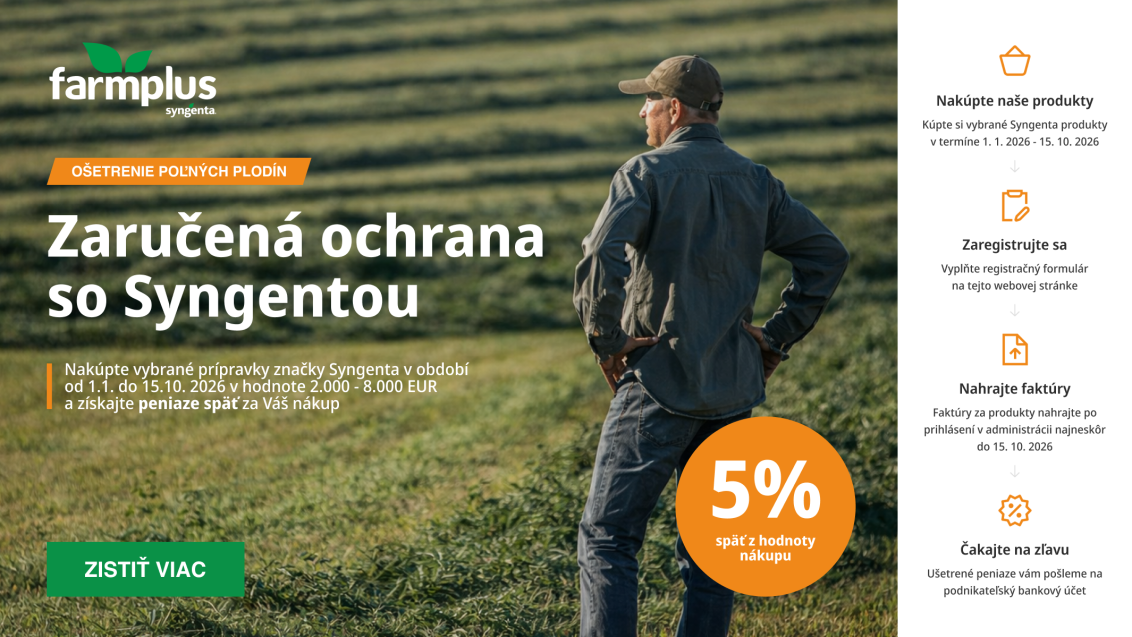 Reklamná grafika: farmár v poli a text „Zaručená ochrana so Syngentou“, 5% zľava