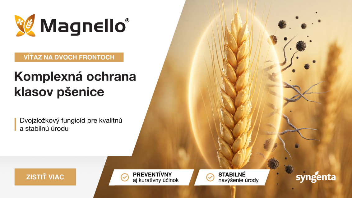 Reklamný banner Magnello: ochrana klasov pšenice, zlaté klasy na pozadí.