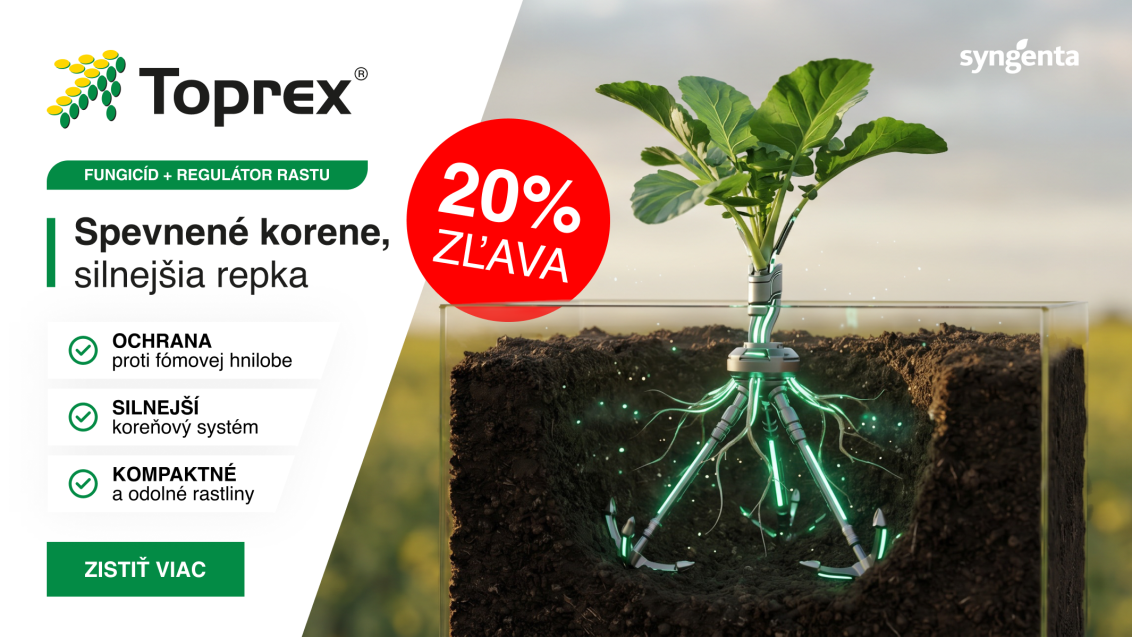 Reklamná grafika Toprex: sadenica s koreňmi a text o 20 % zľave