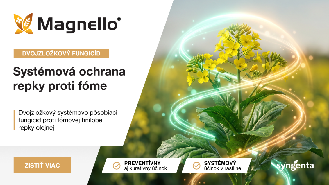 Reklamný banner Magnello o systémovej ochrane repky s kvetom a žiarivými kruhmi