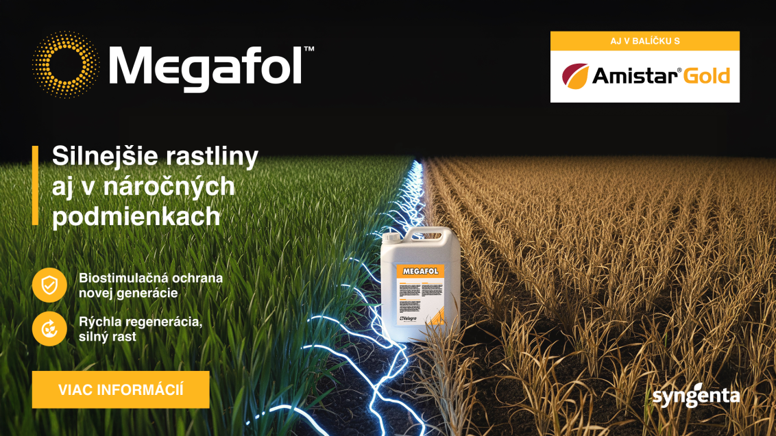 Reklamný banner Megafol s poľom a bleskom, text o silnejšej rastline, tlačidlo „Viac informácií“