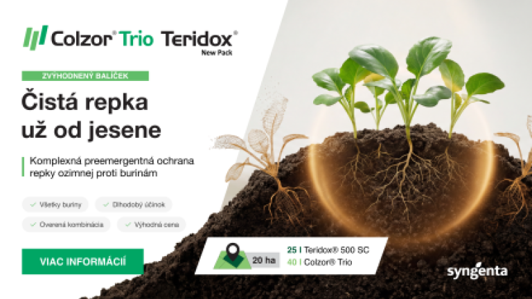 Reklamná grafika: rastlina v pôde a text o čistení repky od jesene