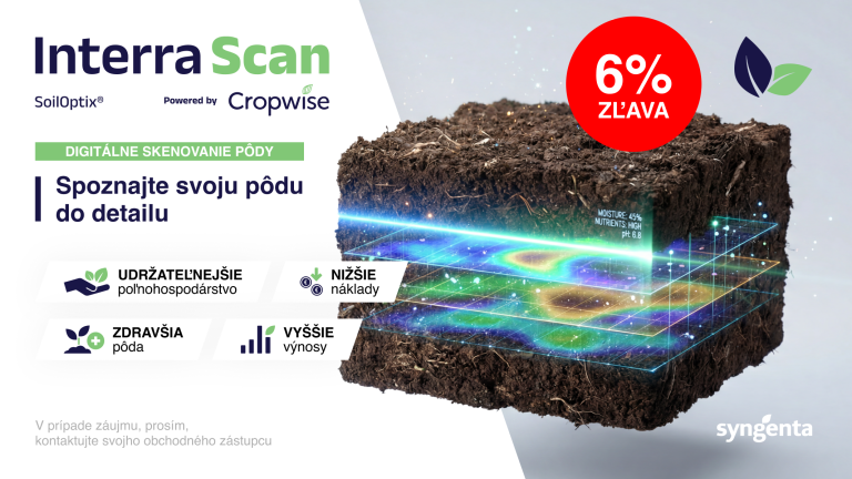 Reklamná grafika Interra Scan s 3D mapou pôdy a odznakom 6 % zľava